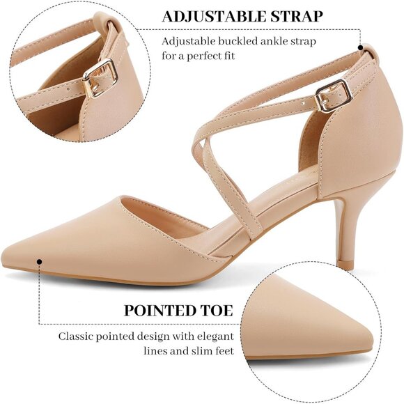 Women's Nude Pu Polyurethane Pointed Toe Cross Strap Low Kitten Heel Pumps - Picture 3 of 6